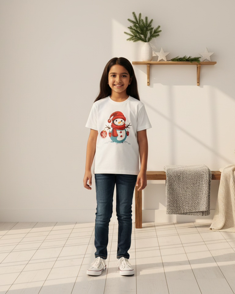 Young girl wearing a white t-shirt with a snowman design in a room with a plant and shelves.