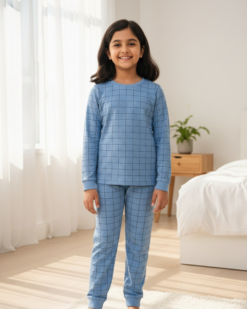 Young girl wearing blue checkered pajamas in a bedroom.