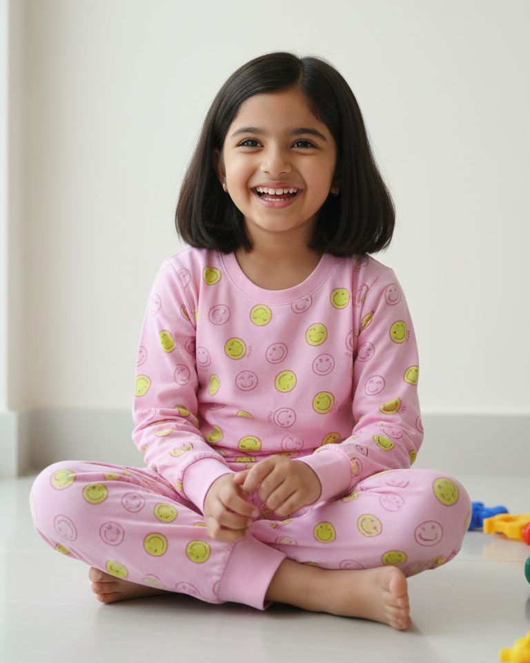 Young girl wearing pink pajamas with a pattern, sitting on the floor.