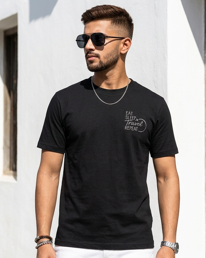 Young man wearing “Eat, Sleep, Travel, Repeat” embroidered Black Regular Fit T-shirt